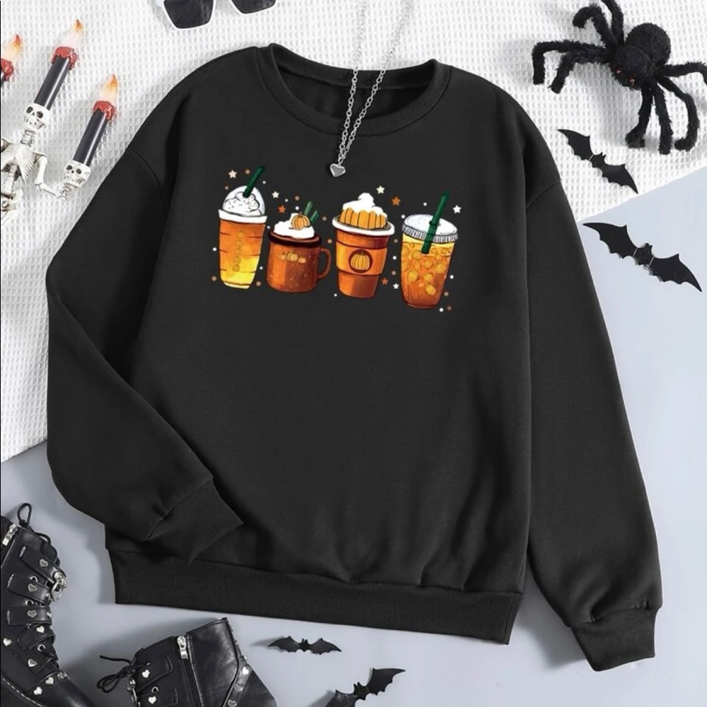 Black Pumpkin Print Thermal Lined Sweatshirt